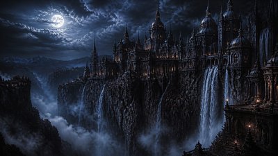 a cliffside city with waterfalls cascading into a misty canyon, wide establishing shot, no people, no text