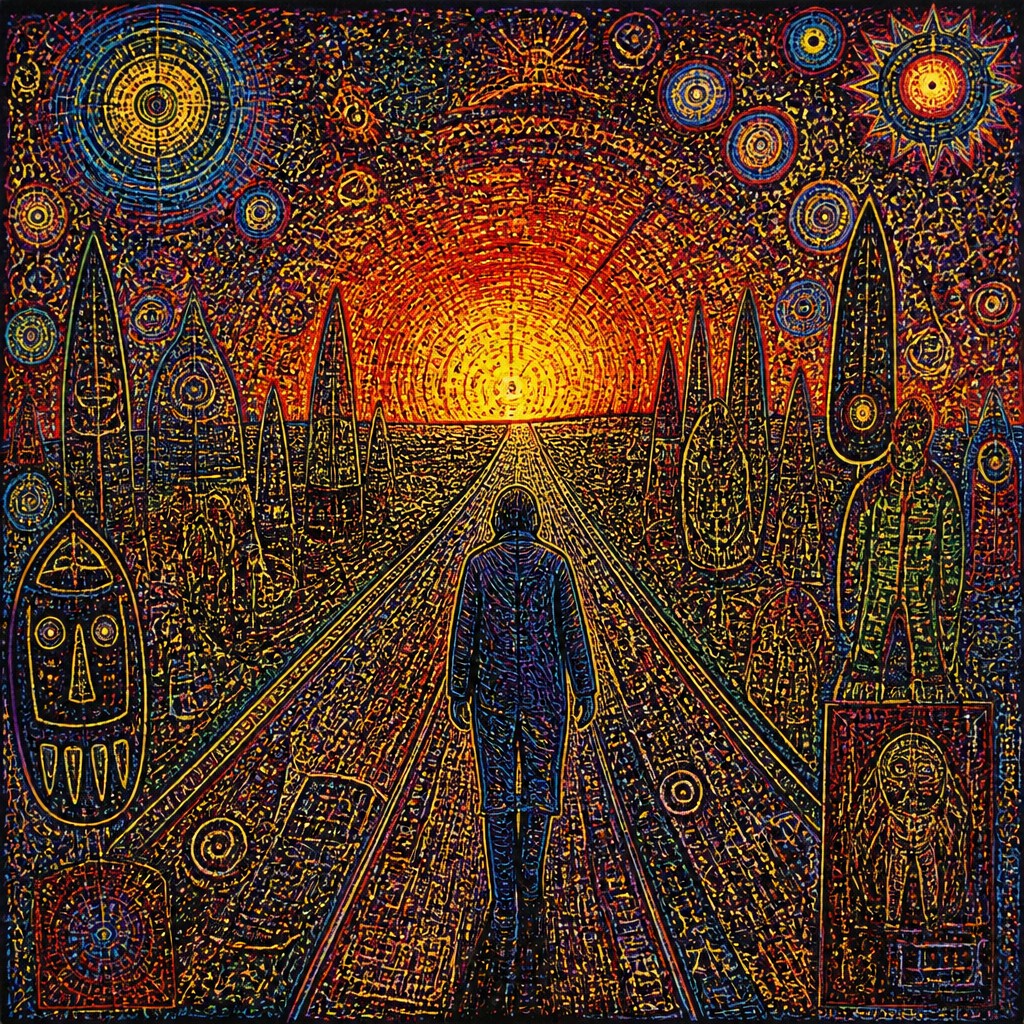 a solitary figure walking toward a glowing horizon across an empty plain, moody atmosphere, no text or lettering