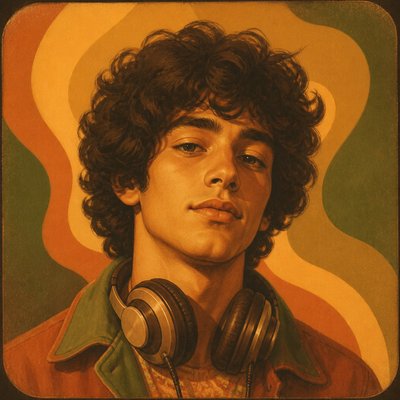 head-and-shoulders portrait of an original character: a young man with curly dark hair and headphones around his neck, plain backdrop, no text