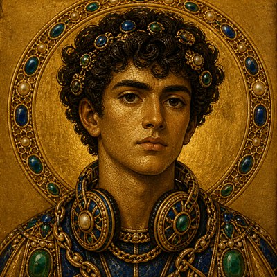 head-and-shoulders portrait of an original character: a young man with curly dark hair and headphones around his neck, plain backdrop, no text