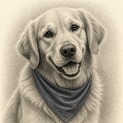 portrait of a golden retriever wearing a blue bandana, warm plain backdrop, no text