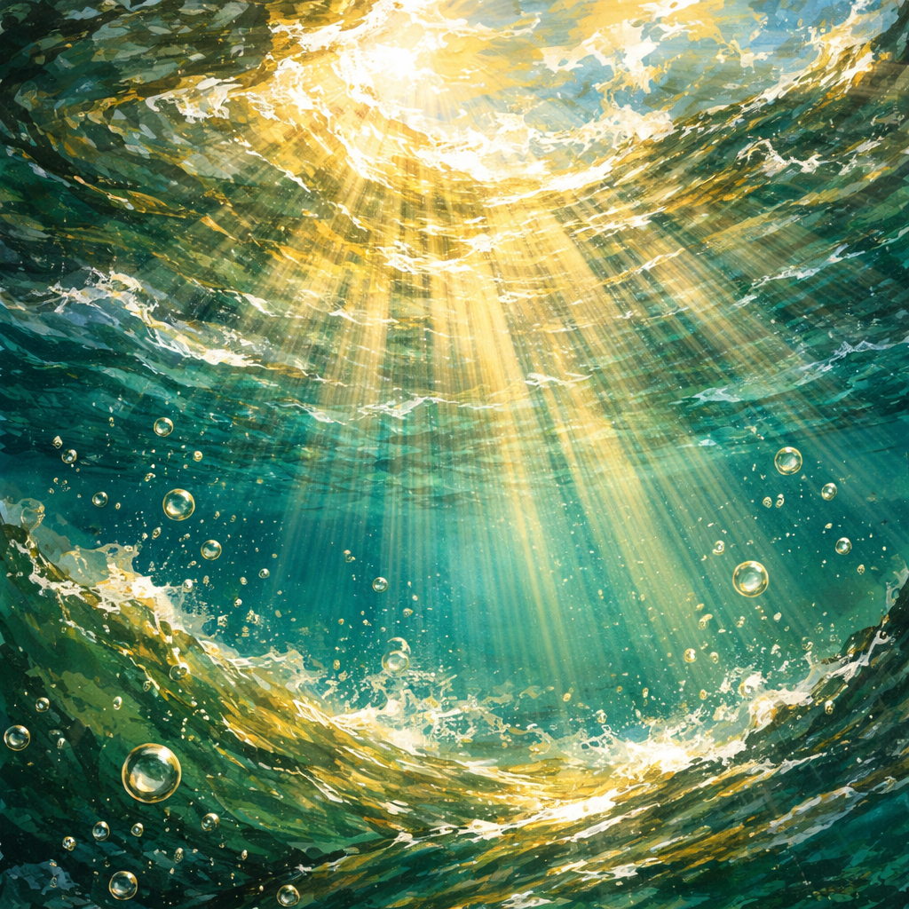 The reverberations of sound in many waters shining with glory. No humans. only waters and brilliant light are to be expressed. But this is to be viewed as looking up from under the water.