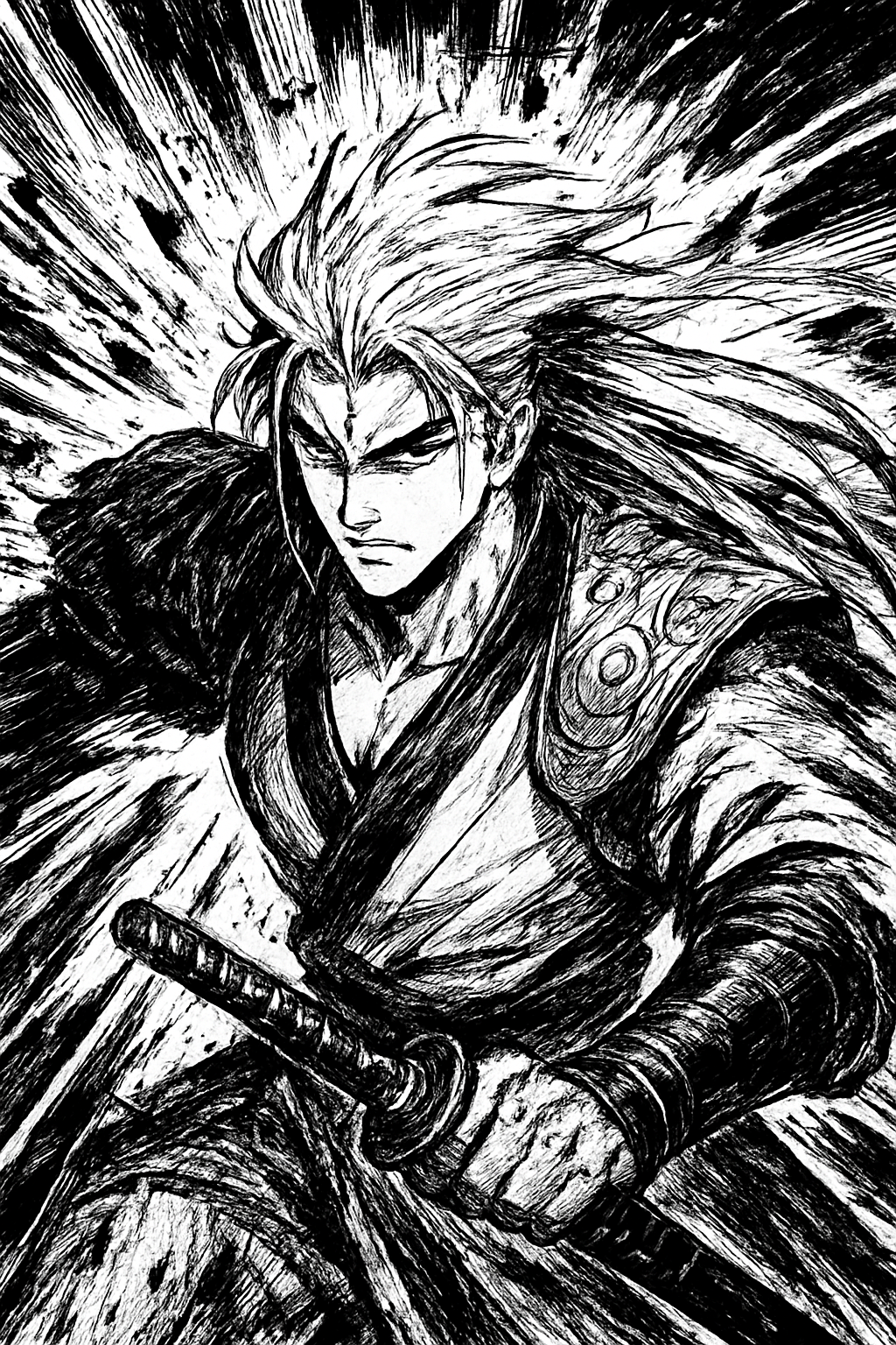 a black and white drawing of a man with a sword