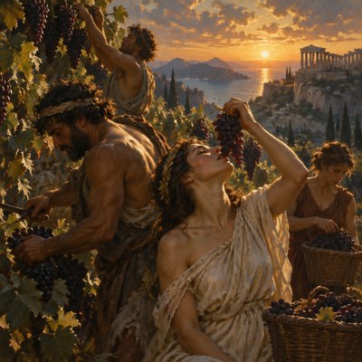 ancient greek workers in a vineyard cut clumps of grapes and eat the fruit