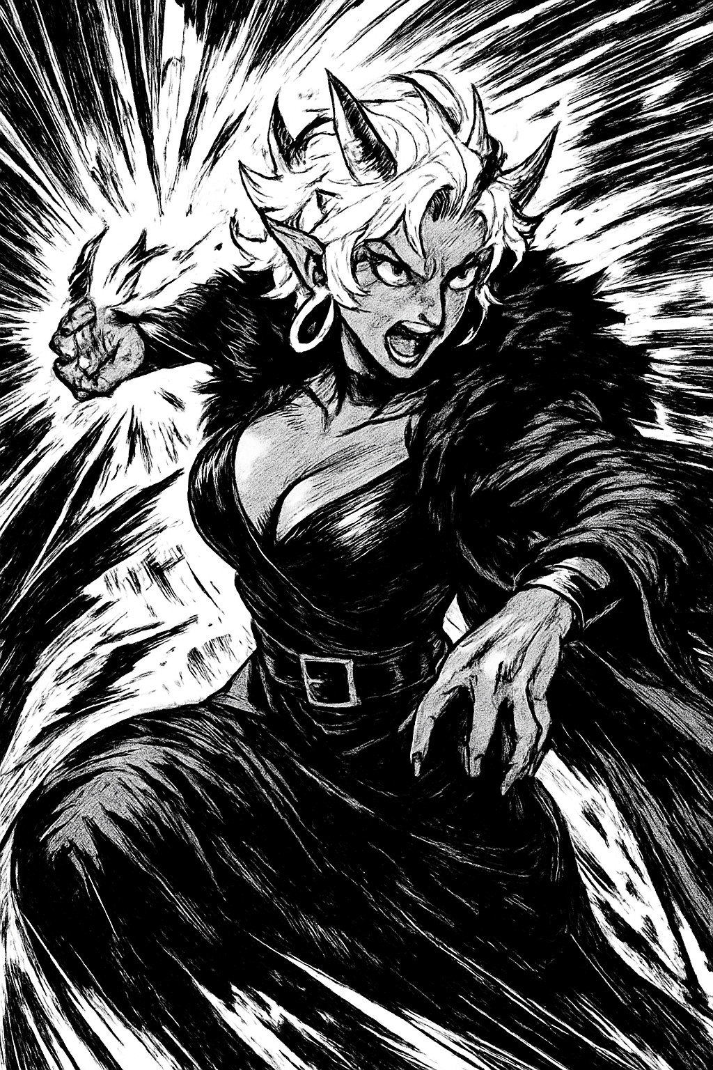 a black and white drawing of a woman with horns