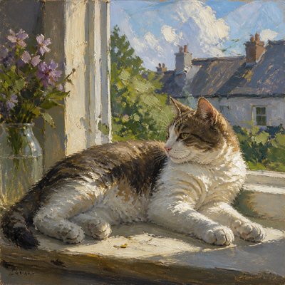 a cat lounging in a sunlit window