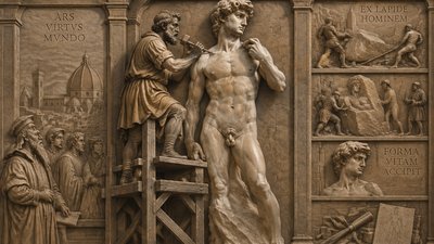 Michelangelo on a scaffold carving the nearly finished statue of David