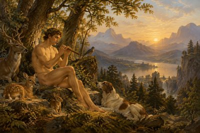 ancient greek ignudi flute player sitting in a forest with animals