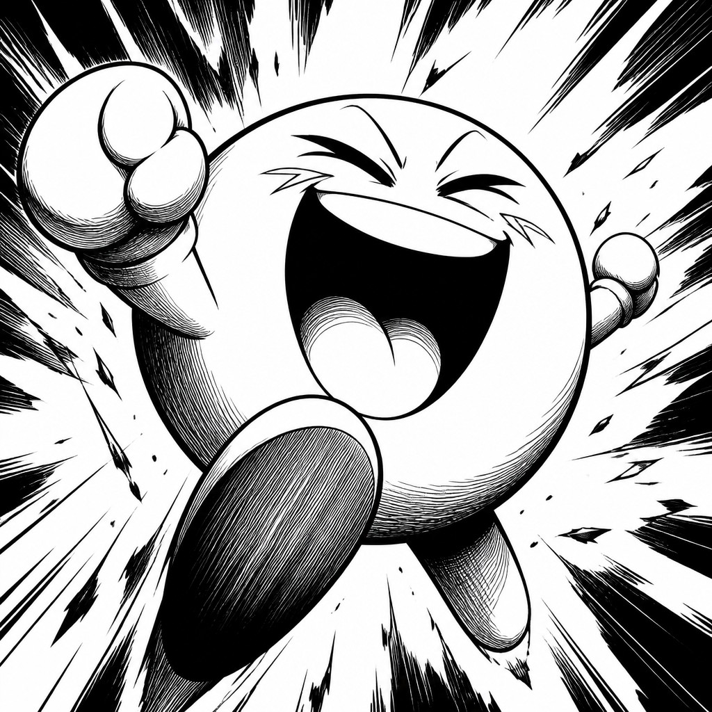an exaggerated laughing face of an original round mascot character, bold and readable at small size, plain background, no text
