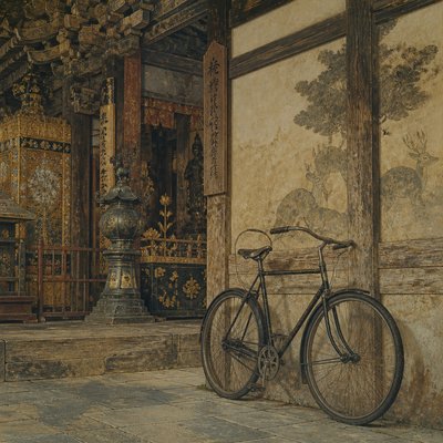 bicyle resting against a wall — Nara Art Style