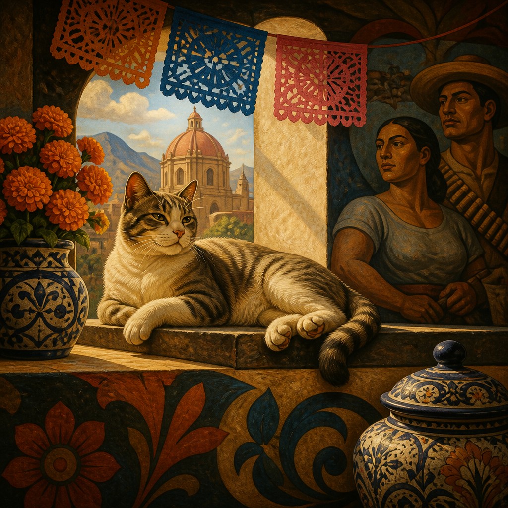 a cat lounging in a sunlit window — Mexican Art Style