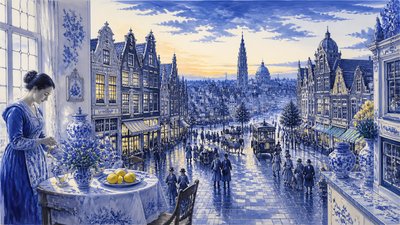 bustling city street panorama at dusk