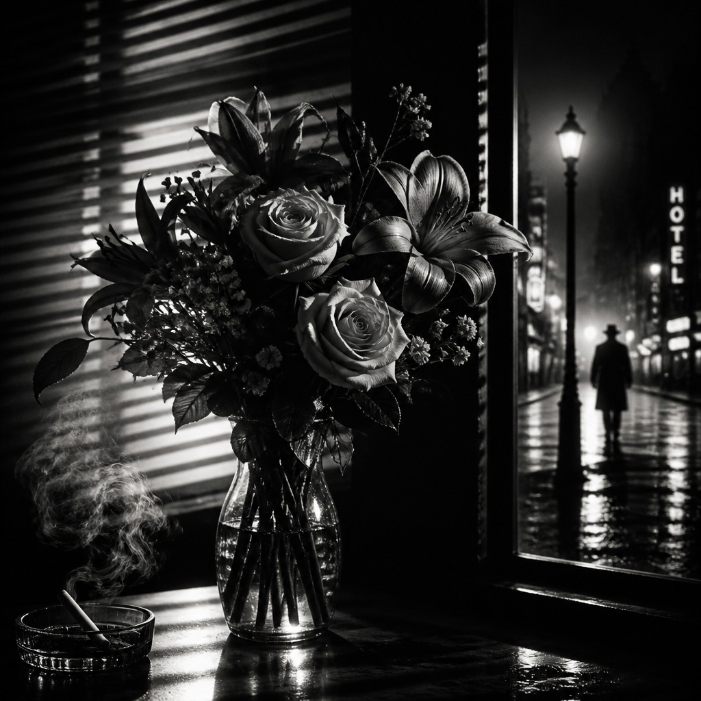bouquet of flowers in a glass vase — Film Noir Aesthetic