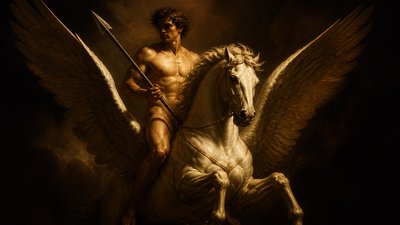 ancient greek ignudi warrior riding winged pegasus