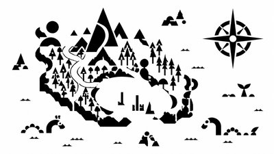 a map of an island realm with mountains, forests, a sheltered bay, sea monsters in the water and a compass rose, no text labels