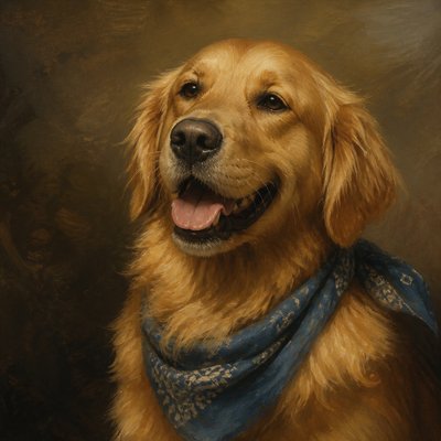 portrait of a golden retriever wearing a blue bandana, warm plain backdrop, no text