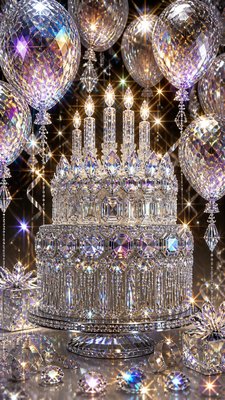 a birthday cake with lit candles surrounded by balloons and confetti, festive vertical composition, no text
