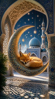 a sleeping baby fox curled on a crescent moon among soft stars, gentle and warm, no text