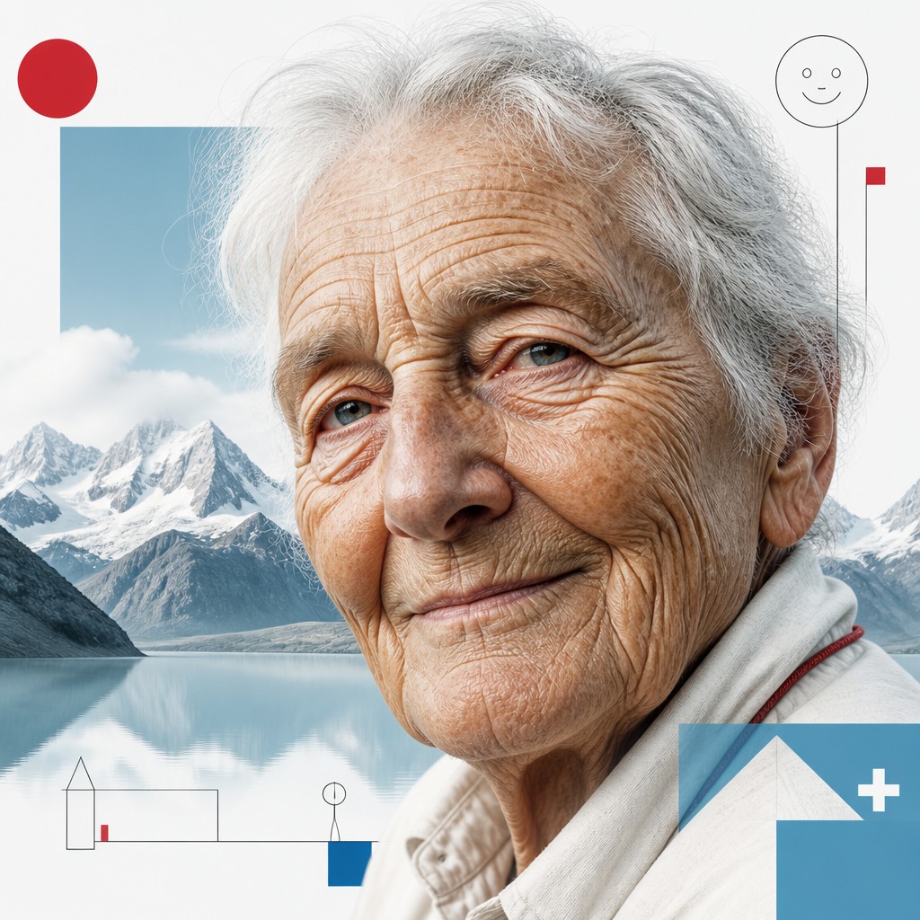 close-up portrait of an elderly person with expressive weathered features — Swiss Art Style