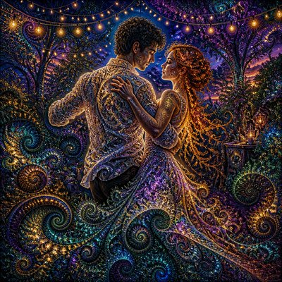 an original couple dancing under string lights in a garden at dusk: a man with short black hair in a linen shirt and a woman with braided red hair in a summer dress