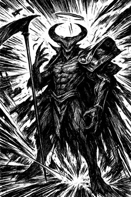 a black and white drawing of a demon