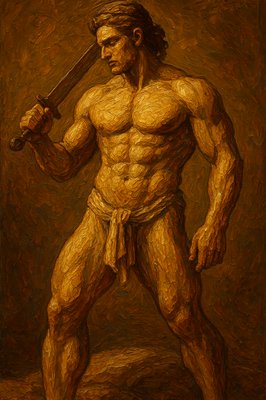 a painting of a man holding a sword