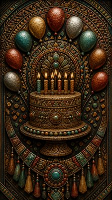 a birthday cake with lit candles surrounded by balloons and confetti, festive vertical composition, no text