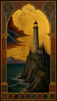 a lone lighthouse on a cliff at dusk under a dramatic sky, no text or lettering