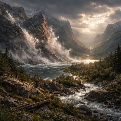 “Therefore will not we fear, though the earth be removed, and though the mountains be carried into the midst of the sea; Though the waters thereof roar and be troubled, though the mountains shake with the swelling thereof. Selah. There is a river, the streams whereof shall make glad the city of God, the holy place of the tabernacles of the most High. God is in the midst of her; she shall not be moved: God shall help her, and that right early.” (Psalms 46:2-5, KJV) Do not use any Temple or religious building. Create only the landscape 
