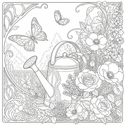 a garden scene with butterflies, flowers and a watering can, clean uncolored line art, no text