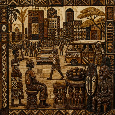 urban street with city activity — Congolese Art Style