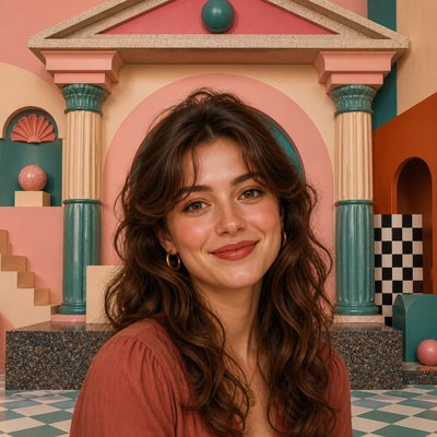 head-and-shoulders portrait of an original character: a young woman with wavy chestnut hair and a warm smile, plain soft backdrop