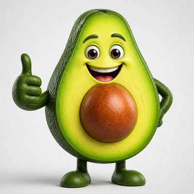a happy avocado character giving a thumbs up, bold readable design on a plain background, no text