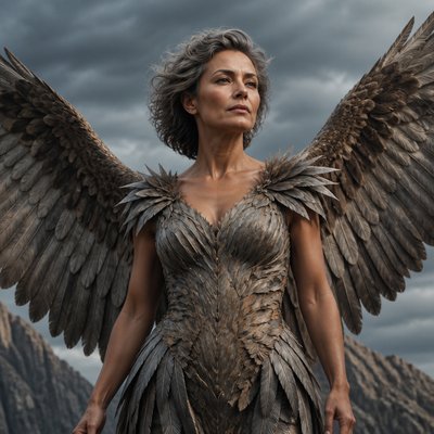 Fais moi une deesse et fort avec des cheveux marrons gris et agé et des ailes grises et marron immenses d’aigle , elle est habille en plumes de oseaux sans bijou elle représente la deesese de l’aire c’est une humain avec des yeux des ailes et une tenue en ailes grise et marron , elle a pas de frange ses cheveux sont gris et cour, elle a la 50 ene, elle est realiste 