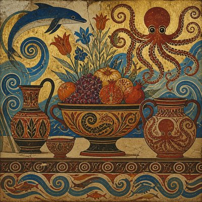 still life arrangement of fruits and flowers