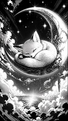 a sleeping baby fox curled on a crescent moon among soft stars, gentle and warm, no text