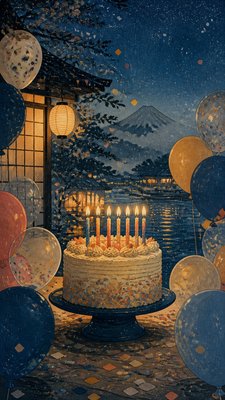 a birthday cake with lit candles surrounded by balloons and confetti, festive vertical composition, no text