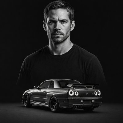 a black and white photo of a man with a car