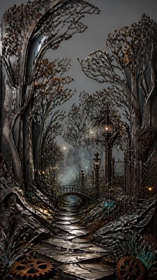 a mysterious forest path with fireflies and drifting mist, atmospheric vertical composition with open space at the top, no text