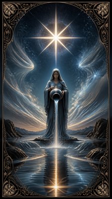a robed figure pouring water beneath a large eight-pointed star in a night sky, symmetrical composition with an ornate decorative border, no text