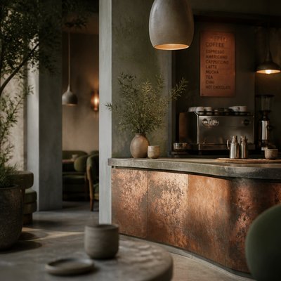 cozy cafe interior with warm lighting