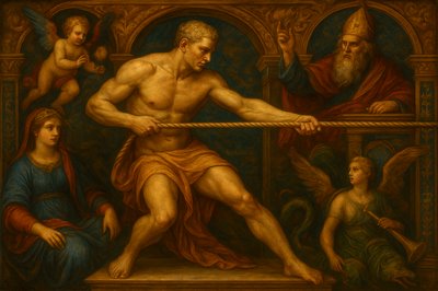 a painting of a man pulling a rope with angels around him