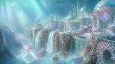 a cliffside city with waterfalls cascading into a misty canyon, wide establishing shot, no people, no text