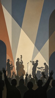 a live music scene with a glowing stage and silhouetted crowd, energetic vertical composition with open space at the top, no text