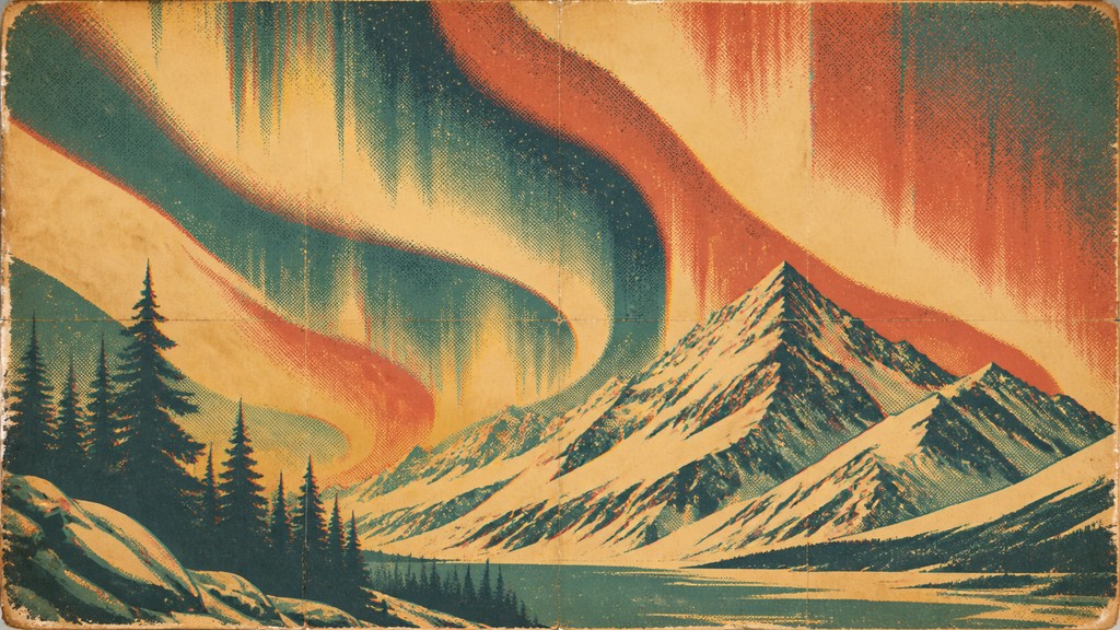 a flowing aurora over snowy peaks, wide sweeping composition, no people, no text