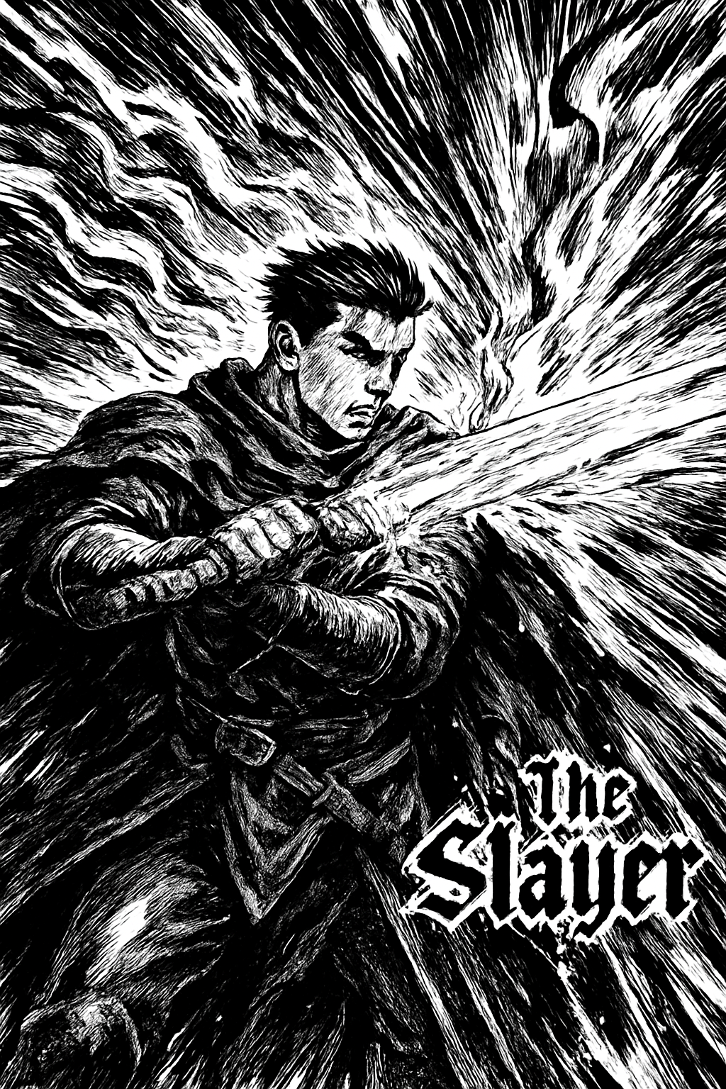a black and white drawing of a man holding a gun
