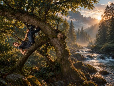 a man climbing up a tree next to a river