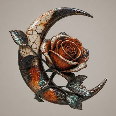 a rose entwined with a crescent moon, clean balanced composition on a plain background, no text