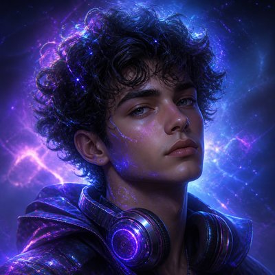 head-and-shoulders portrait of an original character: a young man with curly dark hair and headphones around his neck, plain backdrop, no text