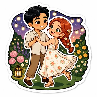 an original couple dancing under string lights in a garden at dusk: a man with short black hair in a linen shirt and a woman with braided red hair in a summer dress